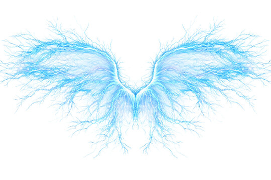 Blue electric lightning bolt wings, glowing energy discharge magic angel wings isolated on transparent background