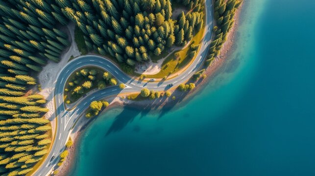 Photorealistic overhead view of an S-shaped lakeside road surrounded by evergreen trees and