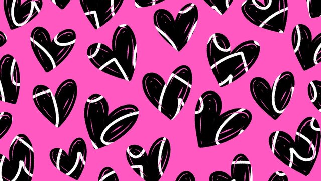 Trendy Y2K grunge heart pattern seamless background for wrapping paper. Funky abstract doodle hearts seamless wallpaper in neon pink and black