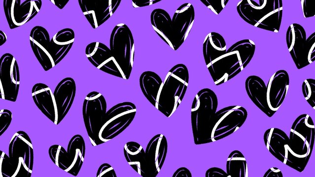 Cute abstract hearts seamless violet wallpaper Y2K style. Hand drawn black doodle hearts on purple background. Vector illustration for youth fashion textile, digital wallpaper, creative wrapping paper