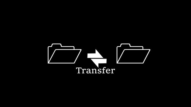 Digital file transfer animation, data migration and cloud sync concept, minimalist white line on black background