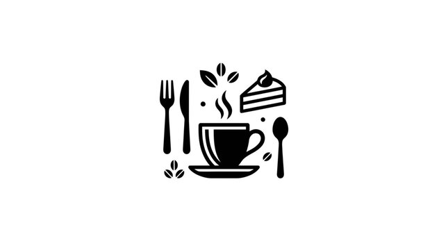Coffee cup with cake slice and cutlery icons.