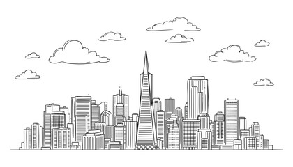 Obraz premium San Francisco inspired skyline line drawing featuring iconic pyramid shaped tower skyscraper under fluffy cartoon clouds