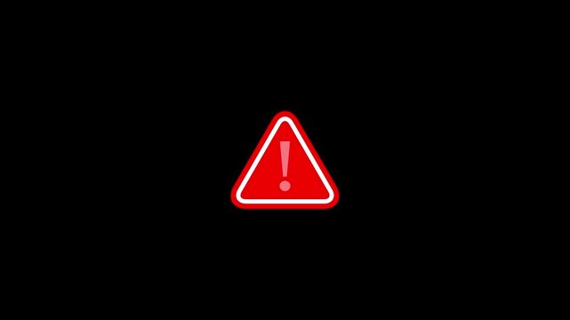 Red warning triangle with pulsing exclamation mark animation on black background, alert danger caution