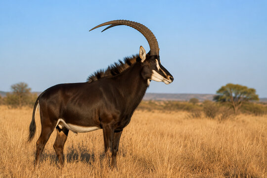 Sable antelope standing in dry savanna grass, wildlife nature concept
