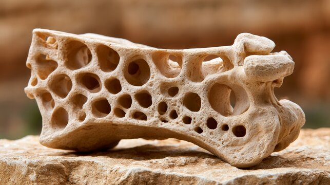 Unique stone sculpture showcasing intricate bone-like textures and patterns.