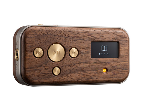 Wooden audio player digital book reader with elegant brass buttons in a premium walnut casing, featuring a minimalist retro design, luxury portable media player isolated on a solid black background.