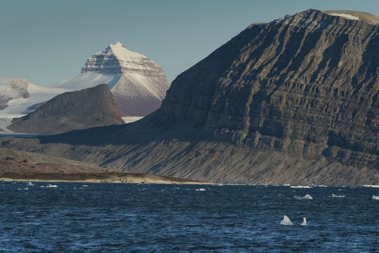 One of the three mountains: Tee Kroner (Three Crowns), Kronebreen or Kronengletscher Glacier, Kongsfjord or Kongsfjorden, the Svalbard archipelago, Svalbard, Norway