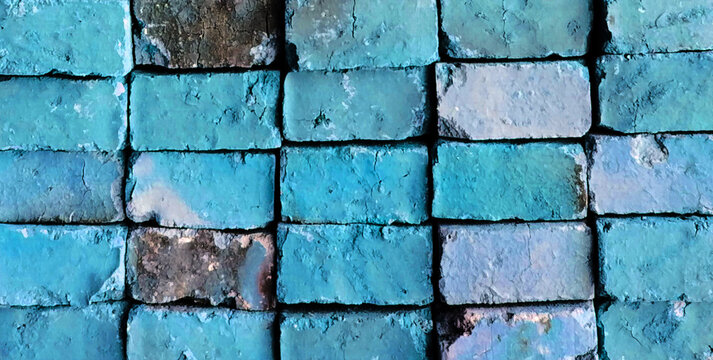 Bright turquoise brick stack texture.