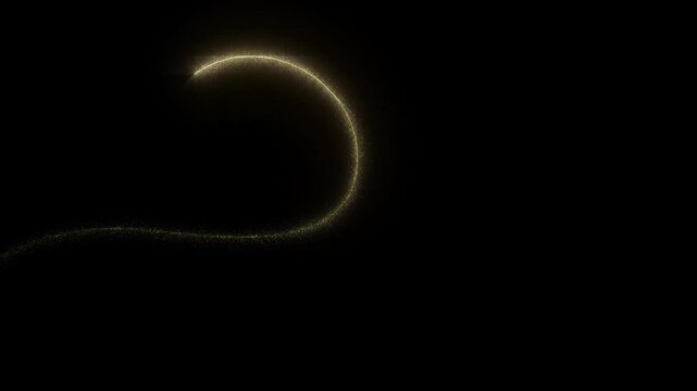 Golden glitter stardust trail forming dynamic infinity loops, magical glowing light streak animation, luxury award show intro backdrop, sparkling golden particle wave on black background. 4k video