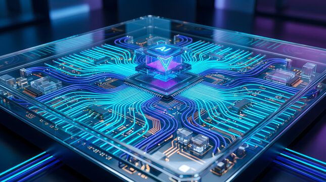 High tech multi core processor board with colorful glowing data channels