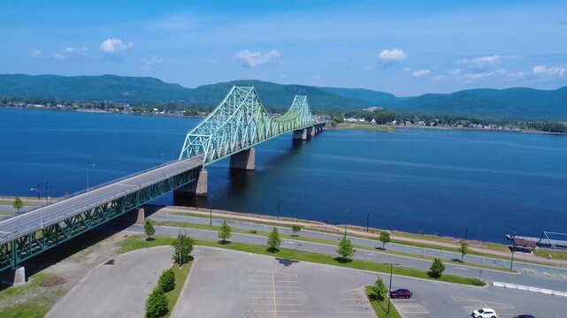 Cross‑provincial link drone footage showing the J.C. Van Horne Bridge connecting Campbellton and Listuguj.