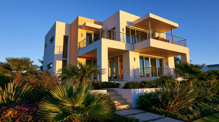 Fototapeta premium A beautiful modern luxury villa home with palm trees under a clear blue sky. This exterior shot works well for real estate and vacation lifestyle concepts.
