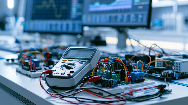 Digital multimeter measuring electronic circuits on a workbench in a research lab. Electrical engineering and testing concept for technology developments.