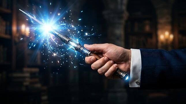 Hand holding a glowing magic wand casting blue light spells in a dark library setting