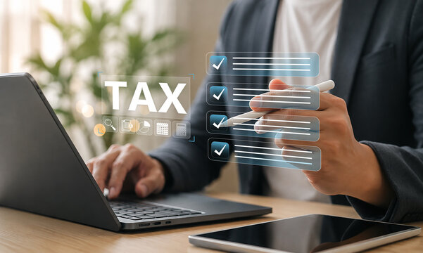 Digital tax filing and checklist concept showing a person using a stylus on a touchscreen laptop to manage financial documents, submit income returns, and prepare for tax season online efficiently