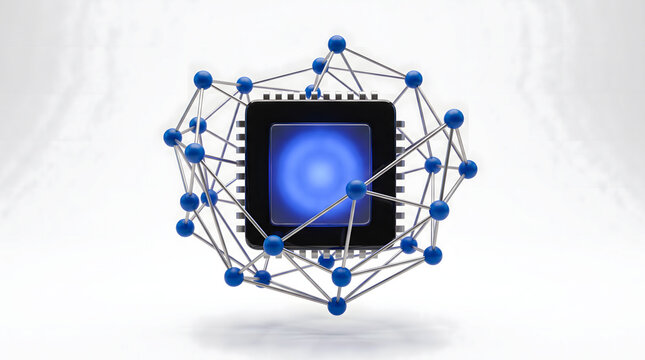 Microprocessor chip surrounded by abstract molecular network structure