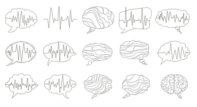 Set of brain icons, speech bubbles with brain waves and thought clouds