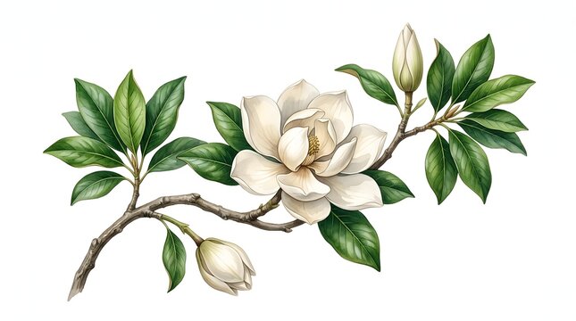 Watercolor magnolia flower branch with green leaves and buds isolated on white background
