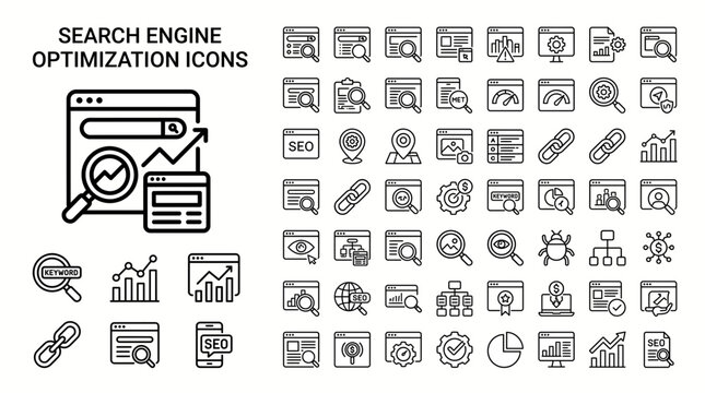 Search engine optimization icons set seo and digital marketing, web analytics, website ranking, link building, keyword research, content strategy, and development vector linear icons