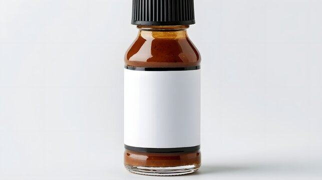 A glass bottle filled with brown sauce and a blank white label  topped with a black cap against a plain background
