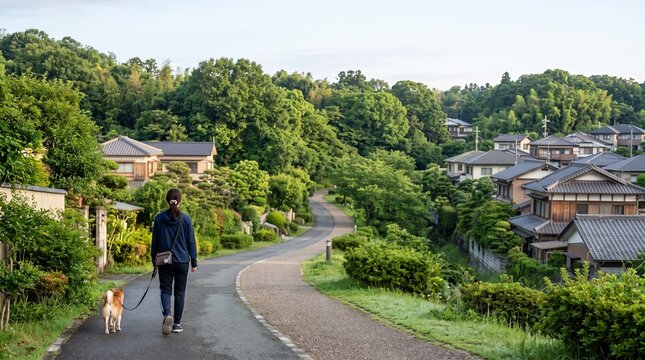 朝の住宅街で小型犬を散歩する飼い主