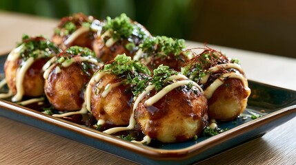 Fototapeta premium Golden brown takoyaki balls topped with green onions and creamy sauce on a dark ceramic plate