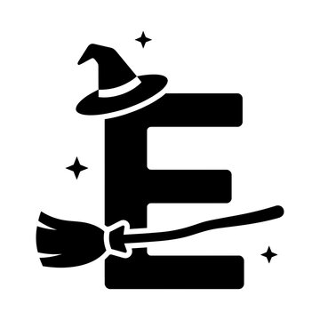 Alphabet letter e decorated with witch hat broom and magical stars, alphabet