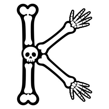 Halloween letter k skeleton bones and skull graphic design with alphabet, halloween