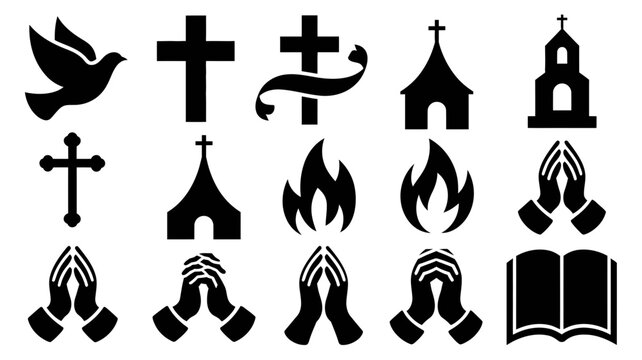 Minimalist black religious symbols vector icons set featuring crosses praying hands flame church dove with rendered bold black white contrast vector collection