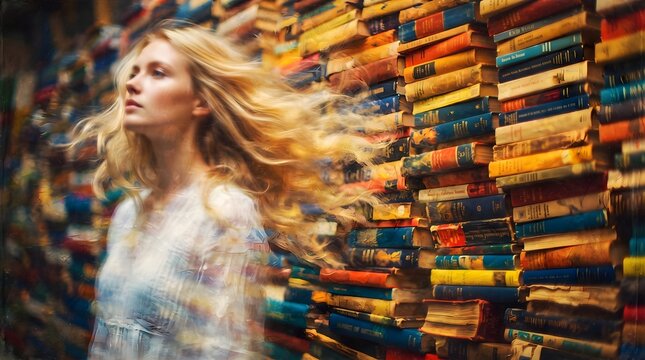 A thoughtful young woman standing before a massive library wall wishing everyone a very happy thanksgiving holiday season
