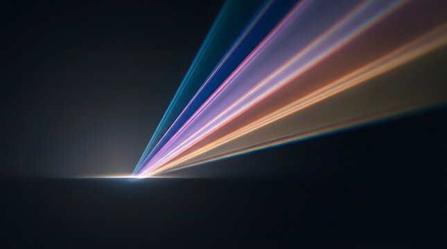 Prismatic laser light beams emerging from a single point against a dark black background