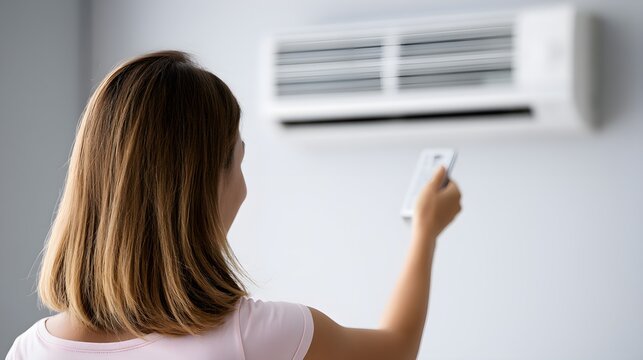 Woman holds white remote control aiming at wall mounted air conditioner to adjust indoor room temperature during hot summer days