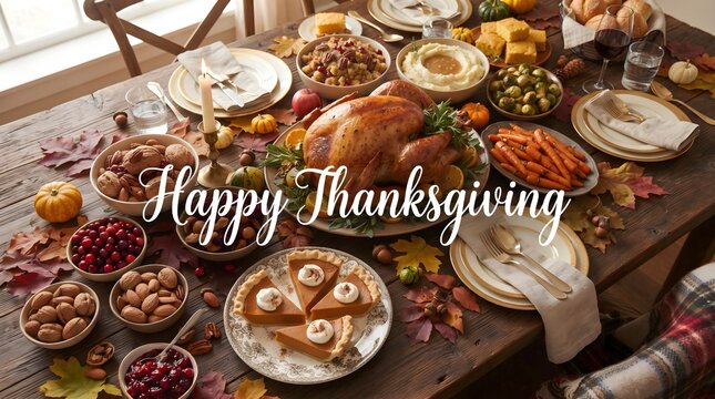 A bountiful thanksgiving feast is displayed showcasing a roasted turkey and various side dishes