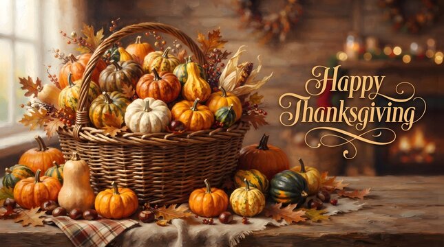 A bountiful harvest of pumpkins and gourds creates a warm inviting autumn scene for thanksgiving