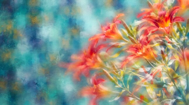 A vibrant abstract floral arrangement with warm tones and a soft blurred background evoking feelings of joy