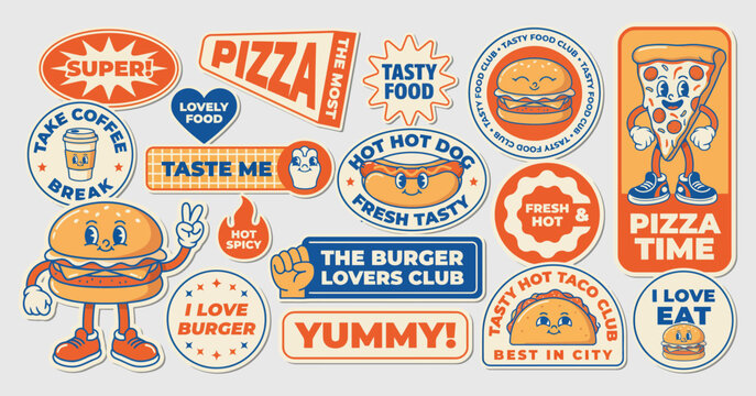 Collection of cartoon food stickers and patches with playful typography