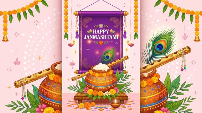 Happy janmashtami greeting card with butter pot flute and marigold garland