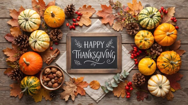 A festive rustic wooden background decorated with colorful autumn pumpkins and leaves wishing everyone a happy thanksgiving