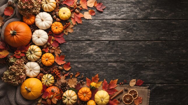 A beautiful rustic background for happy thanksgiving featuring colorful autumn leaves and various pumpkins on dark wooden planks