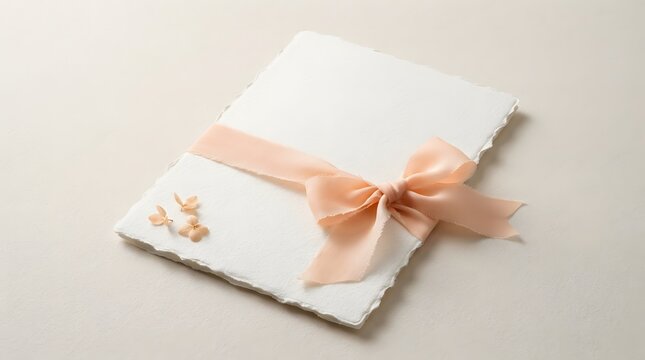 Blank greeting card with peach ribbon bow on textured paper background