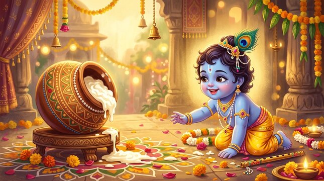 Baby krishna crawling near a spilled pot of butter with festive decorations