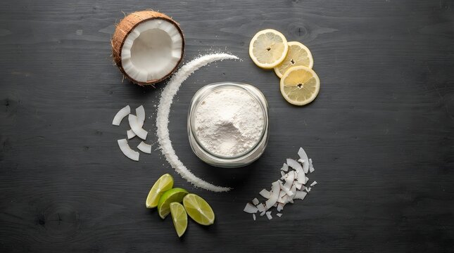 Glass jar with coconut flour, fresh coconut, and citrus slices on a dark wooden background.