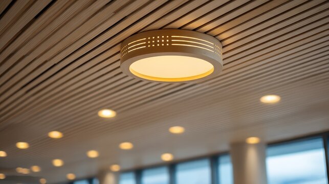 A modern circular wooden light fixture mounted on a slatted ceiling in a bright office space. This represents architectural design and contemporary interior lighting.