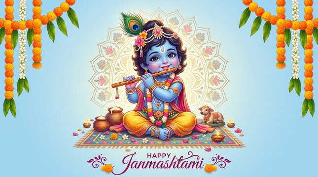 Little krishna playing flute with decorative mandala and marigold flowers for janmashtami celebration