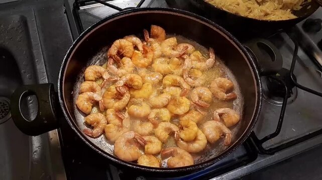 Crispy fried shrimp cooking video footage. Cooked shrimp snacks delicious fried fish. 