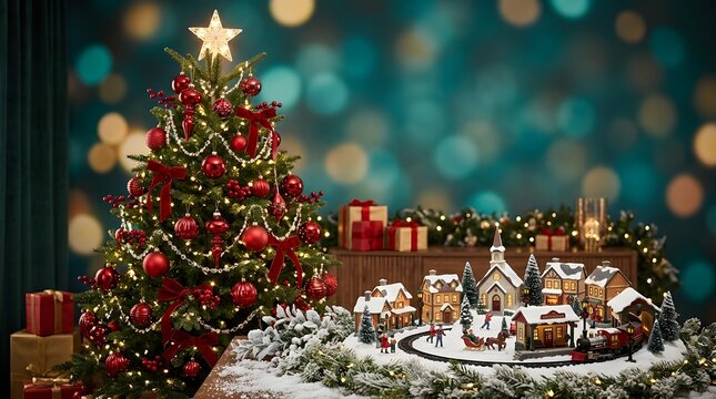 Decorated Christmas tree with red ornaments and miniature snowy village scene