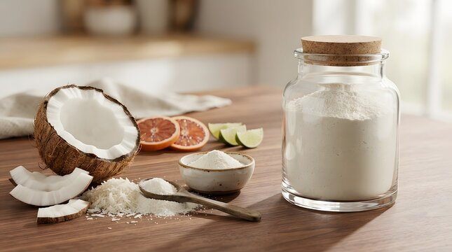 Coconut flour in glass jar with fresh coconut pieces and lime slices on wooden table