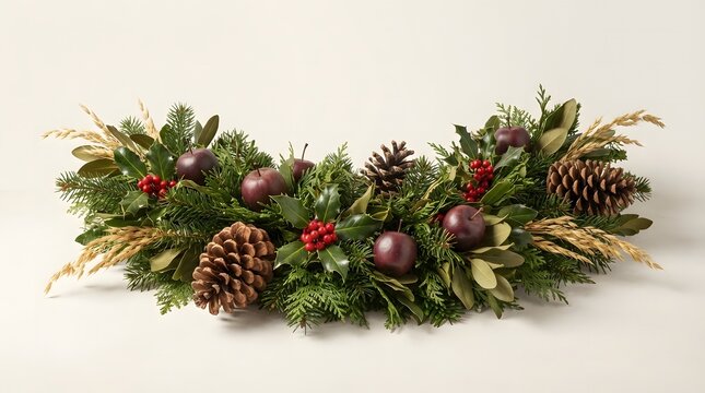 Christmas garland with pine cones and berries on white background