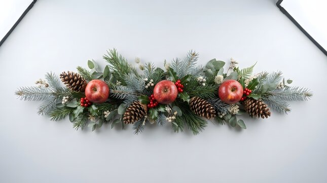 Christmas garland with red apples and pine cones on a white background for holiday decor.
